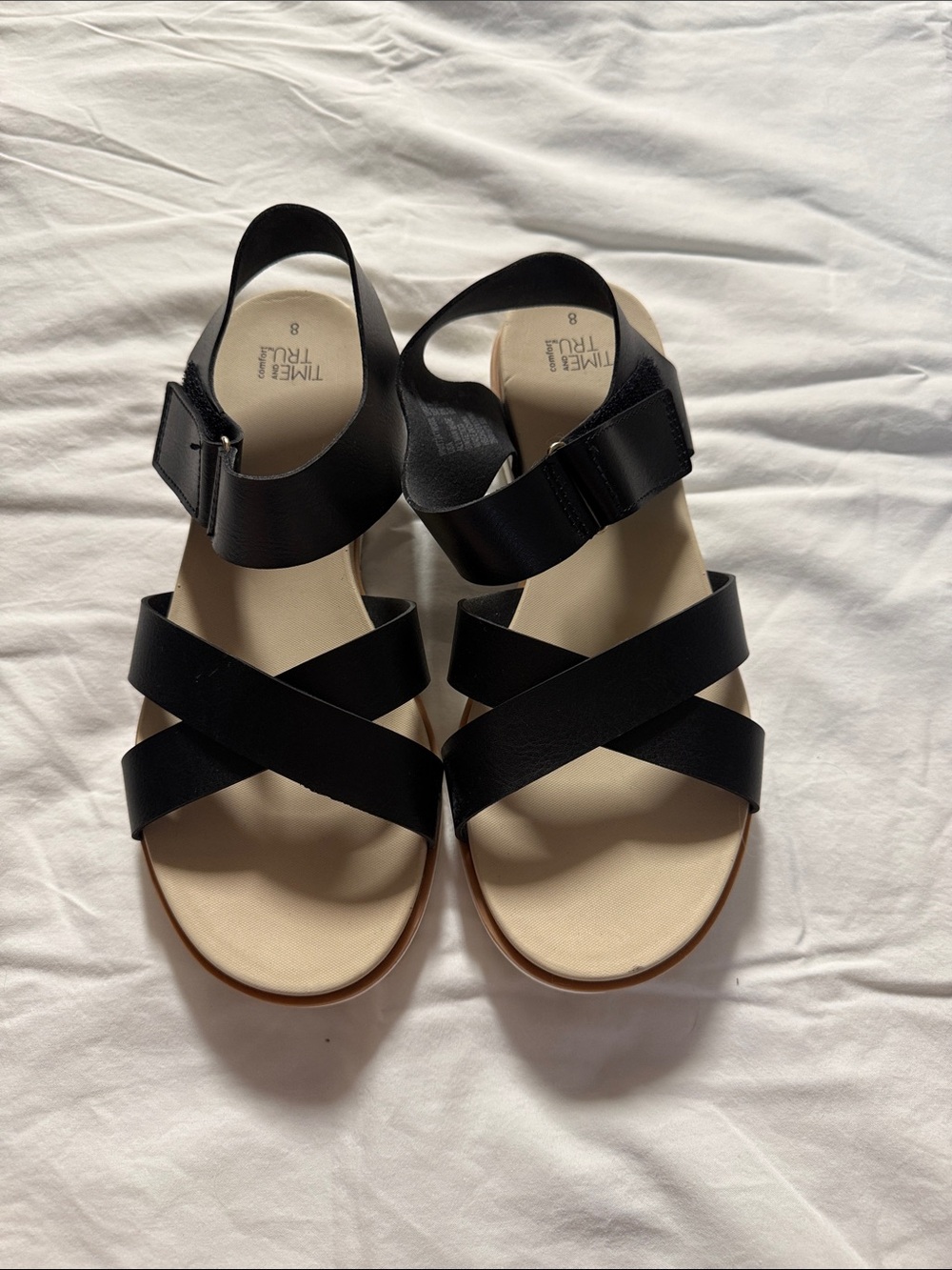 Time and Tru Black and Cream Cross-Strap Slingback Sandals